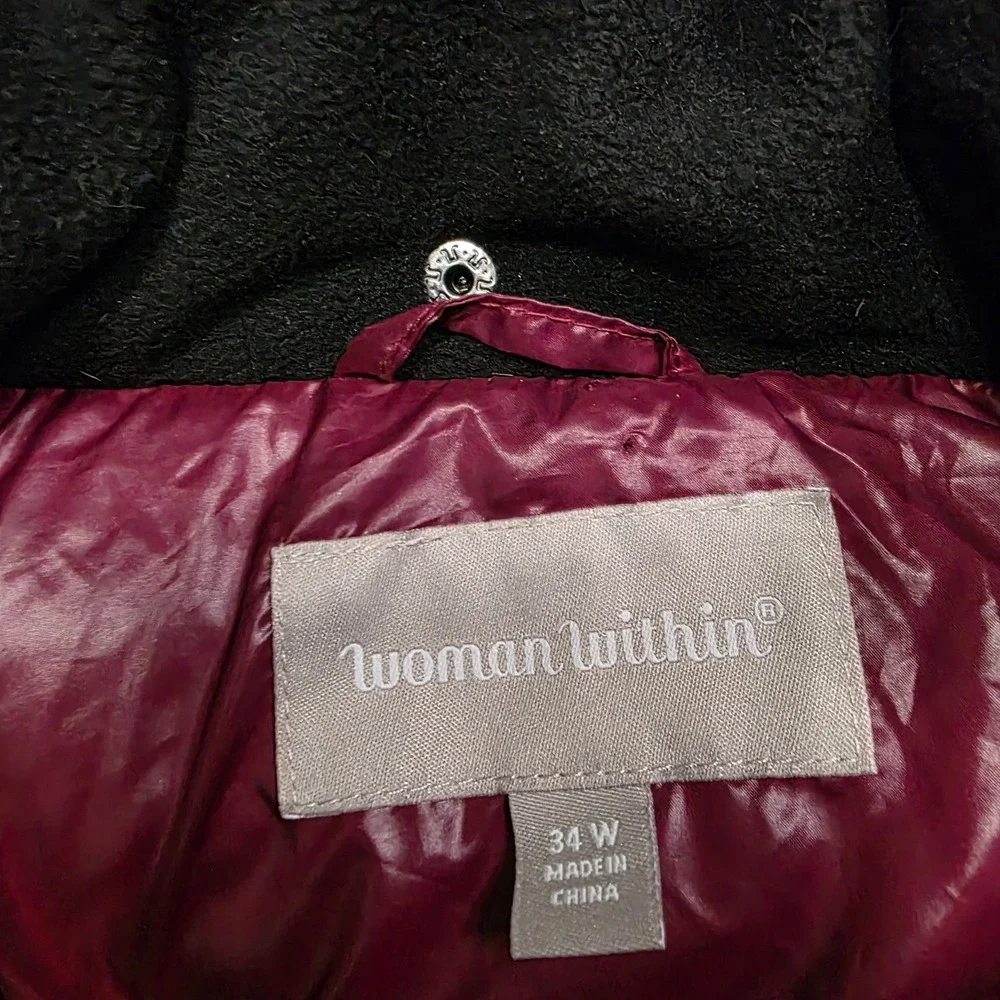 Woman Within Burgundy Down Puffer Coat  Zip Front‎ Collar Size 34W Lined no hood